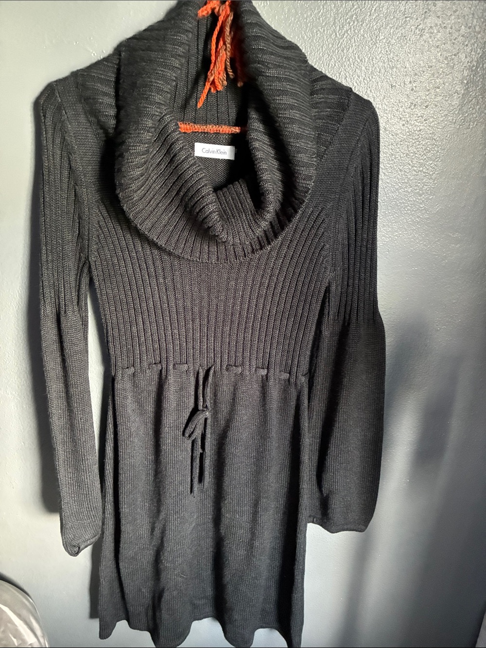 Calvin Klein Black Cowl Neck Ribbed Knit Sweater Dress with Tie Waist